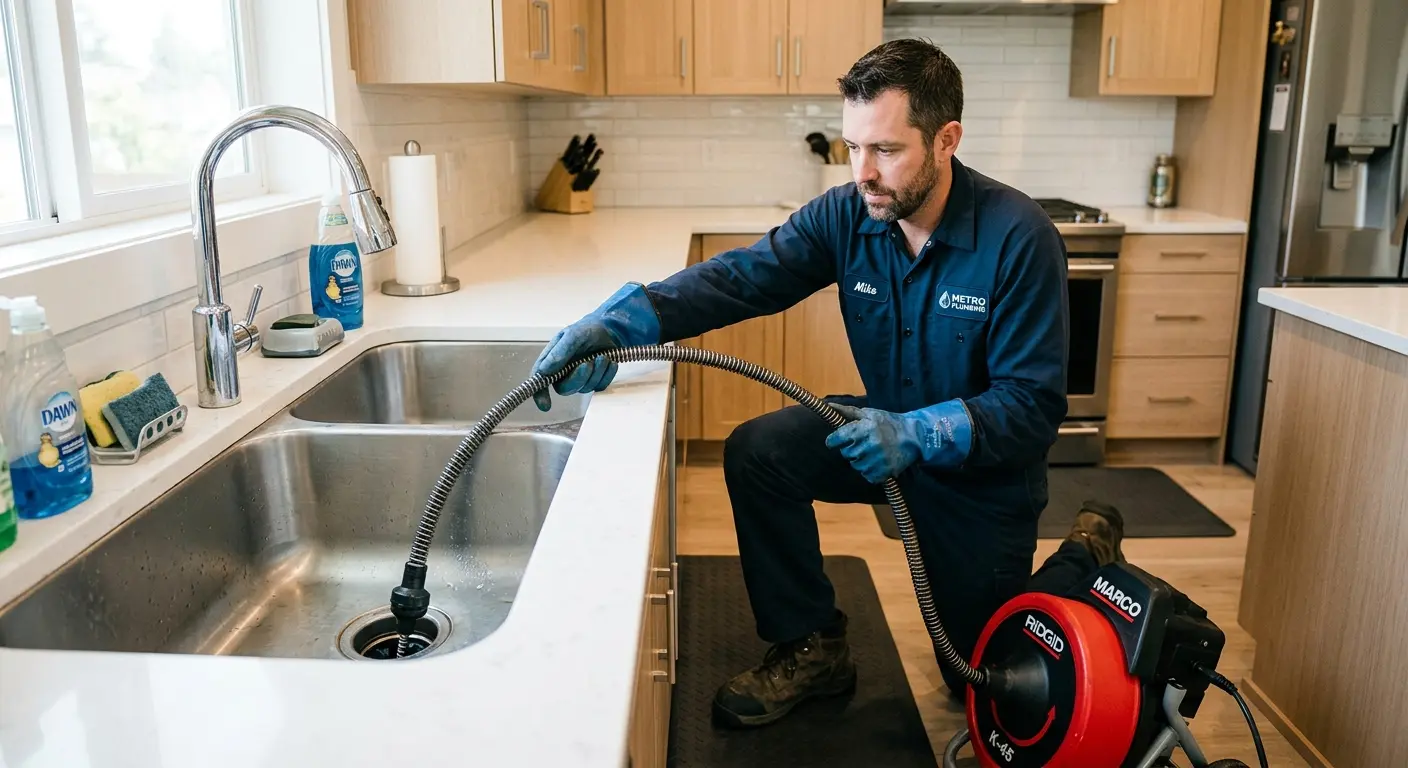 Drain cleaning technician using a motorized snake on a kitchen sink in Cooper City