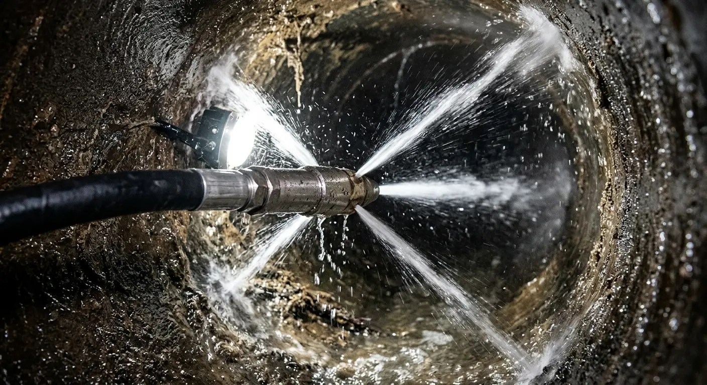 High-pressure hydro jetting nozzle cleaning sewer pipe for Emergency Drain Service in Cooper City