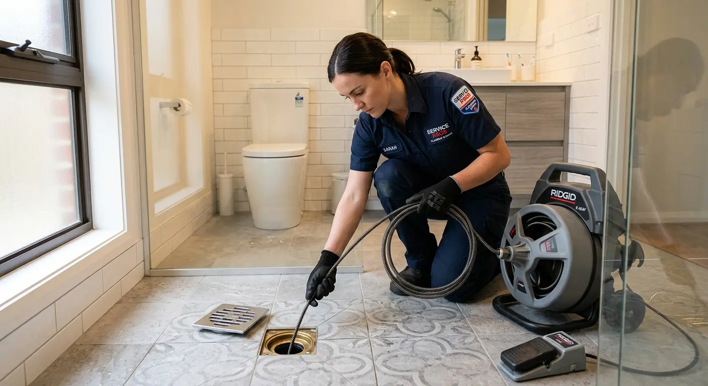 Technician clearing a bathroom floor drain for Drain Cleaning in Cooper City